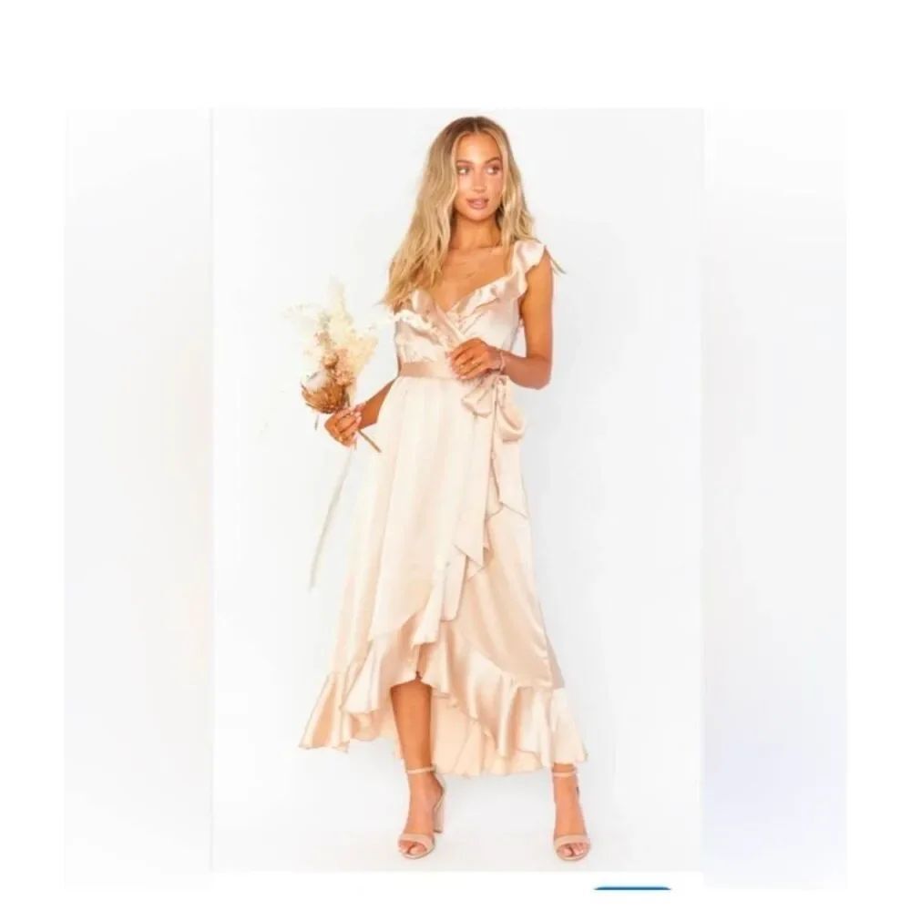 ShowโMe Your MuMu Womens Champagne Luxe Satin Samantha Ruffle Wrap Dress Size XL